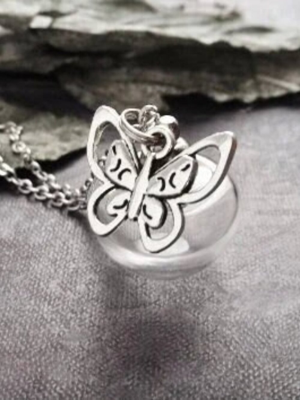 Silver Glass Orb Vial Terrarium Pendant Butterfly Charm Necklace Stainless Chain